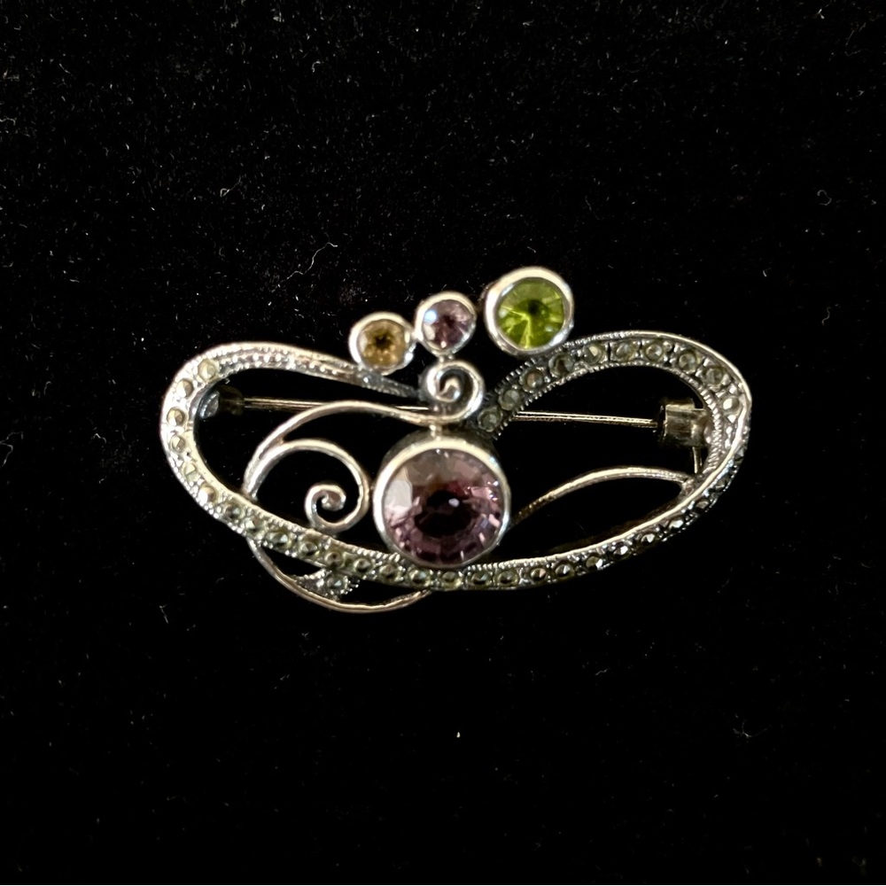 Vintage silver marcasite and semi precious stone brooch